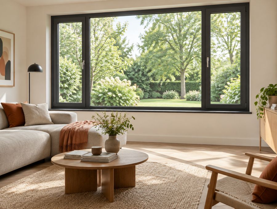 Woonkamer met nieuwe kozijnen en veel lichtinval